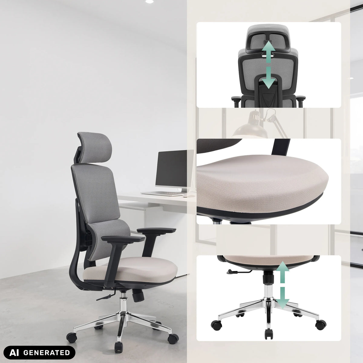 Höhenverstellbare Kopfstütze, Sitzfläche und Gasfeder des Profi-Bürostuhls Ergomy Pro von hjh OFFICE (KI-generiertes Bild)