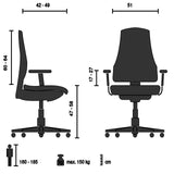 Technische Zeichnung des Luxus Chefsessels ERGOHUMAN BASE GEN2 mit maximal 150 kg Belastbarkeit von hjh OFFICE