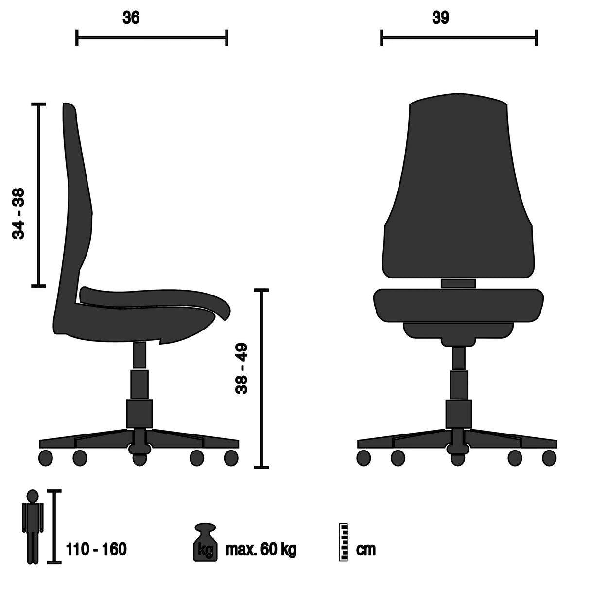 Technische Zeichnung des Kinderdrehstuhls KID COLORE mit einer maximalen Belastung von 60 kg von hjh OFFICE