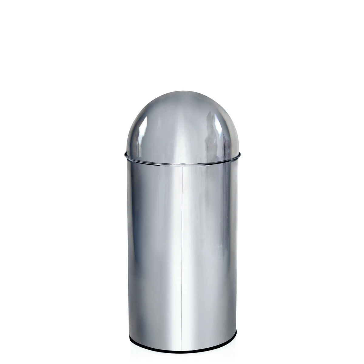 Chromfarbener Mülleimer PUSH 35L mit kuppelförmigem Push-Deckel von hjh OFFICE – 360-Grad-Ansicht (schräge Rückenansicht 240°)