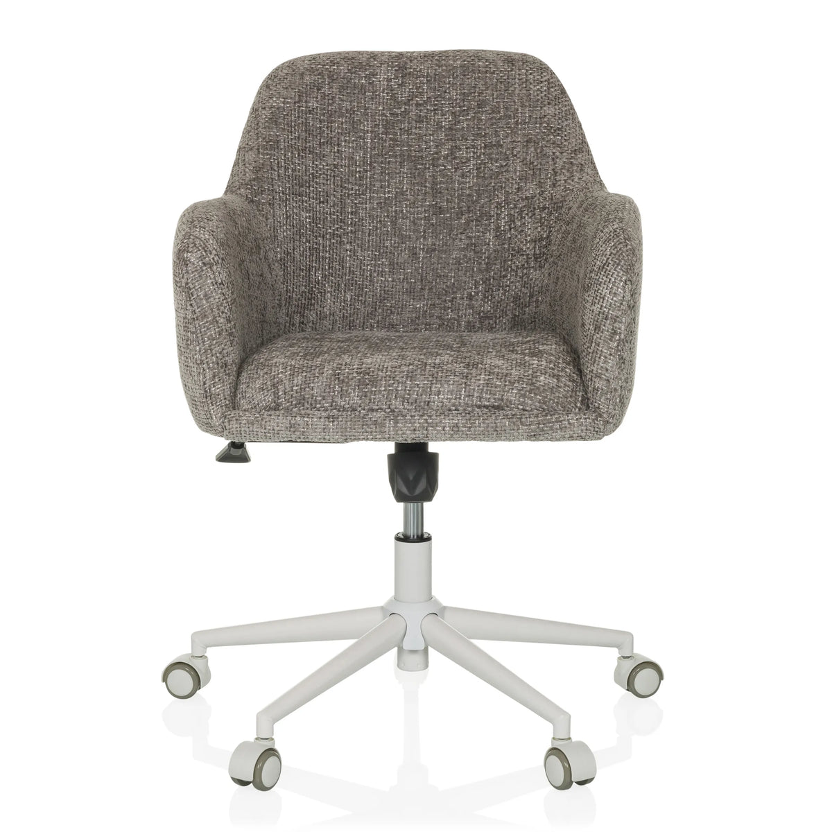 Grauer Homeoffice-Bürostuhl SOLAO HOME mit Stoffbezug und weißem Fußkreuz mit fünf Rollen von hjh LIVING – 360-Grad-Ansicht (Frontansicht 0°)
