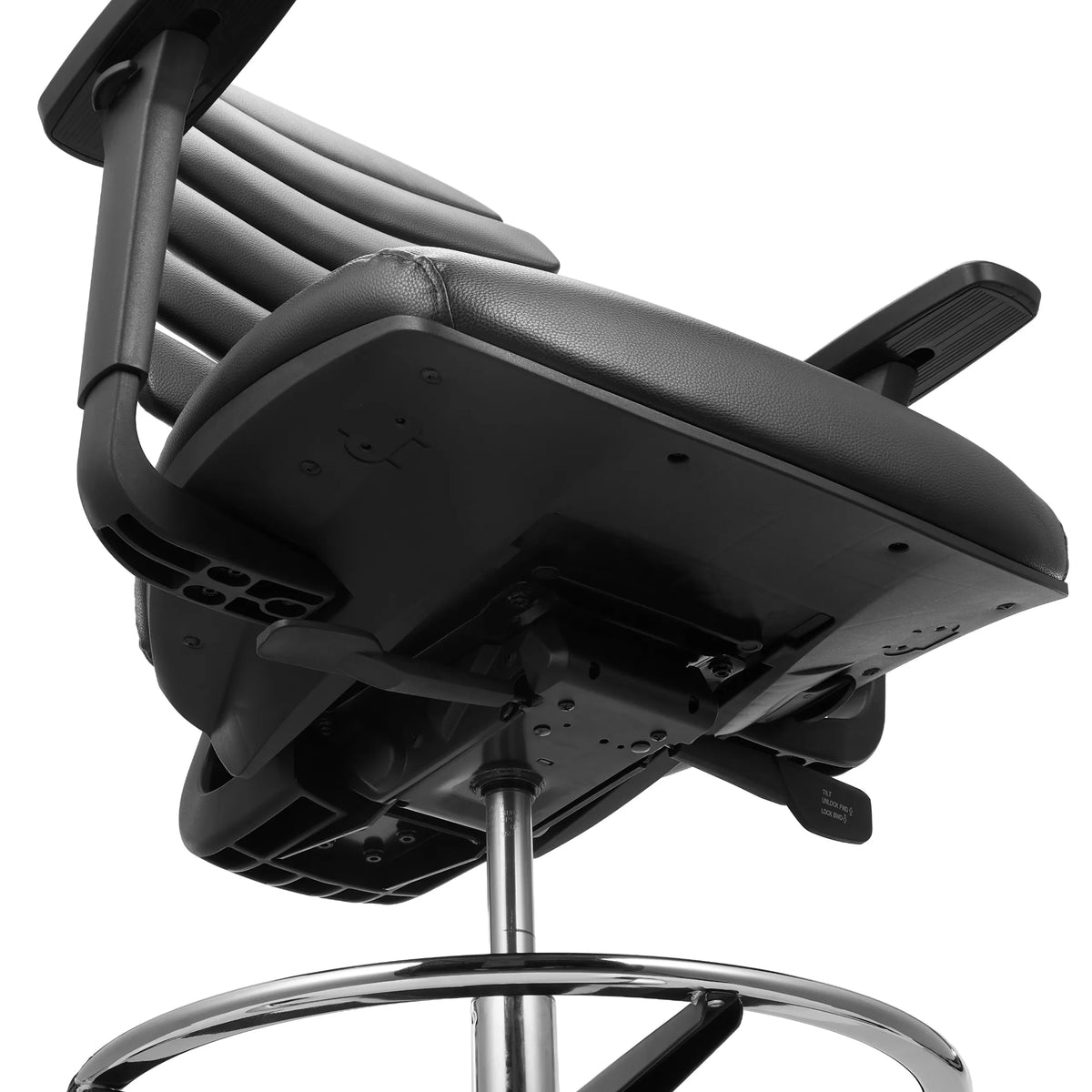 Unterseite der Sitzfläche und Gasfeder des Counterstuhls ERGO LINE II WORK aus schwarzem Kunstleder von hjh OFFICE