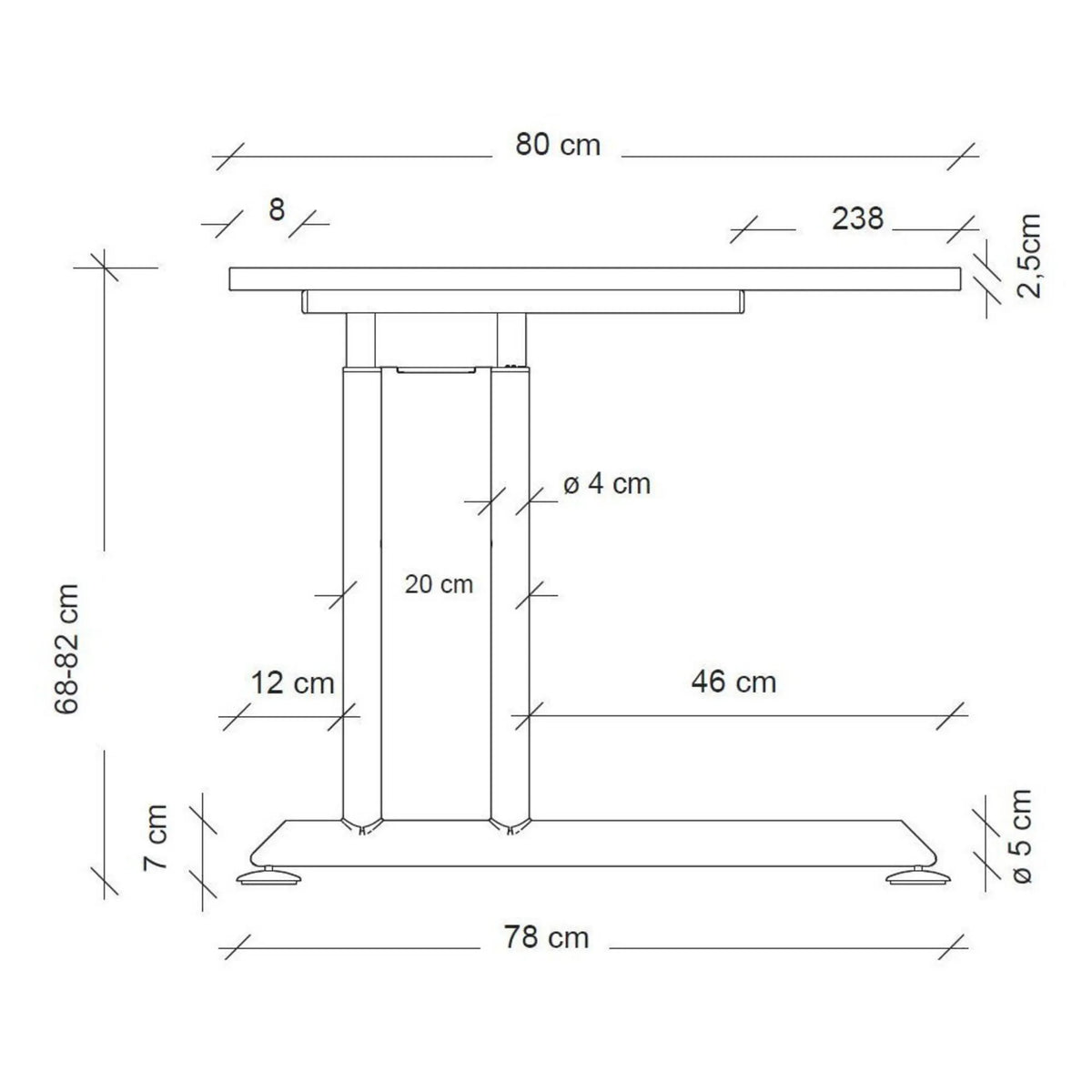 Maßzeichnung des höhenverstellbaren Schreibtisches ZENO 8 G mit einer Breite von 80 cm von hjh OFFICE PRO