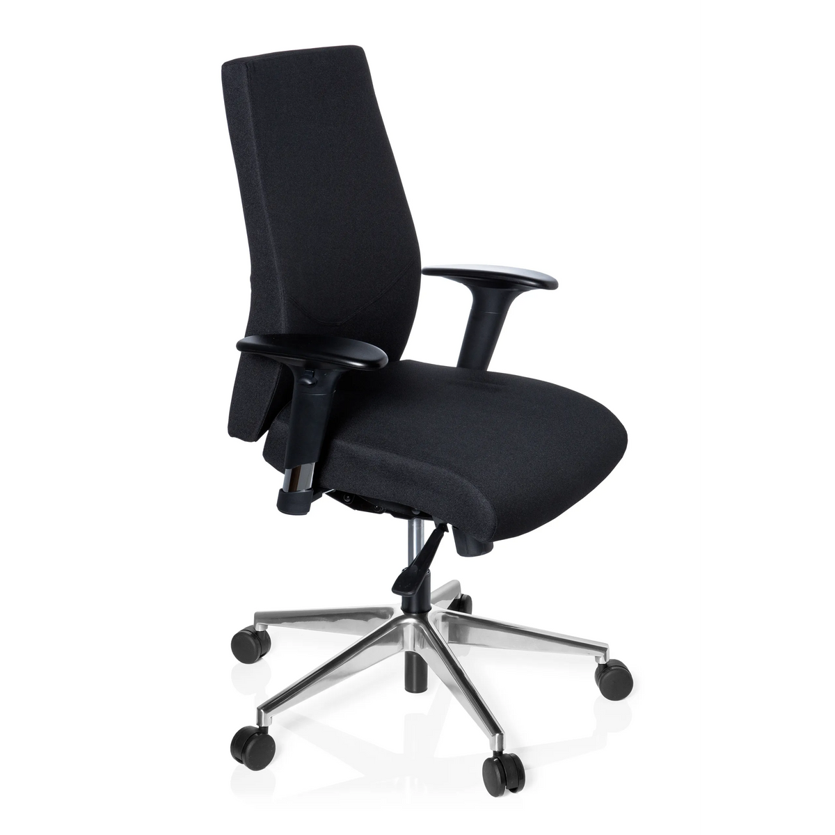 Schwarzer Profi-Bürostuhl PRO-TEC 250 mit Armlehnen und Fußkreuz mit fünf Rollen von hjh OFFICE – 360-Grad-Ansicht (schräge Frontansicht 60°)