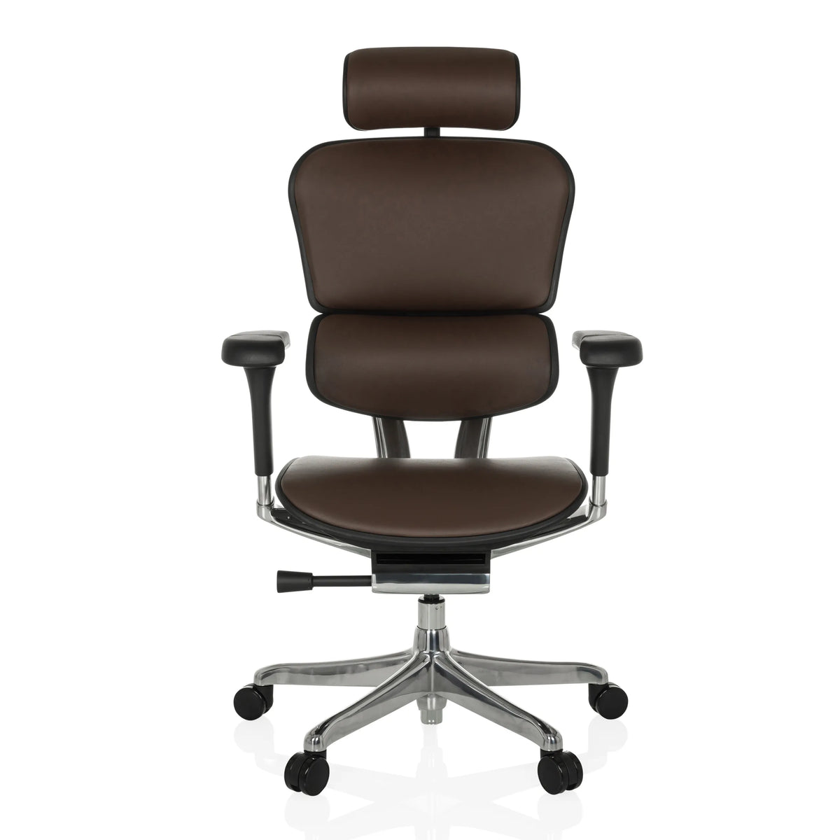 Dunkelbrauner Luxus-Chefsessel ERGOHUMAN GEN2 aus Leder mit Fußkreuz und fünf Rollen von hjh OFFICE – 360-Grad-Ansicht (Frontansicht 0°)