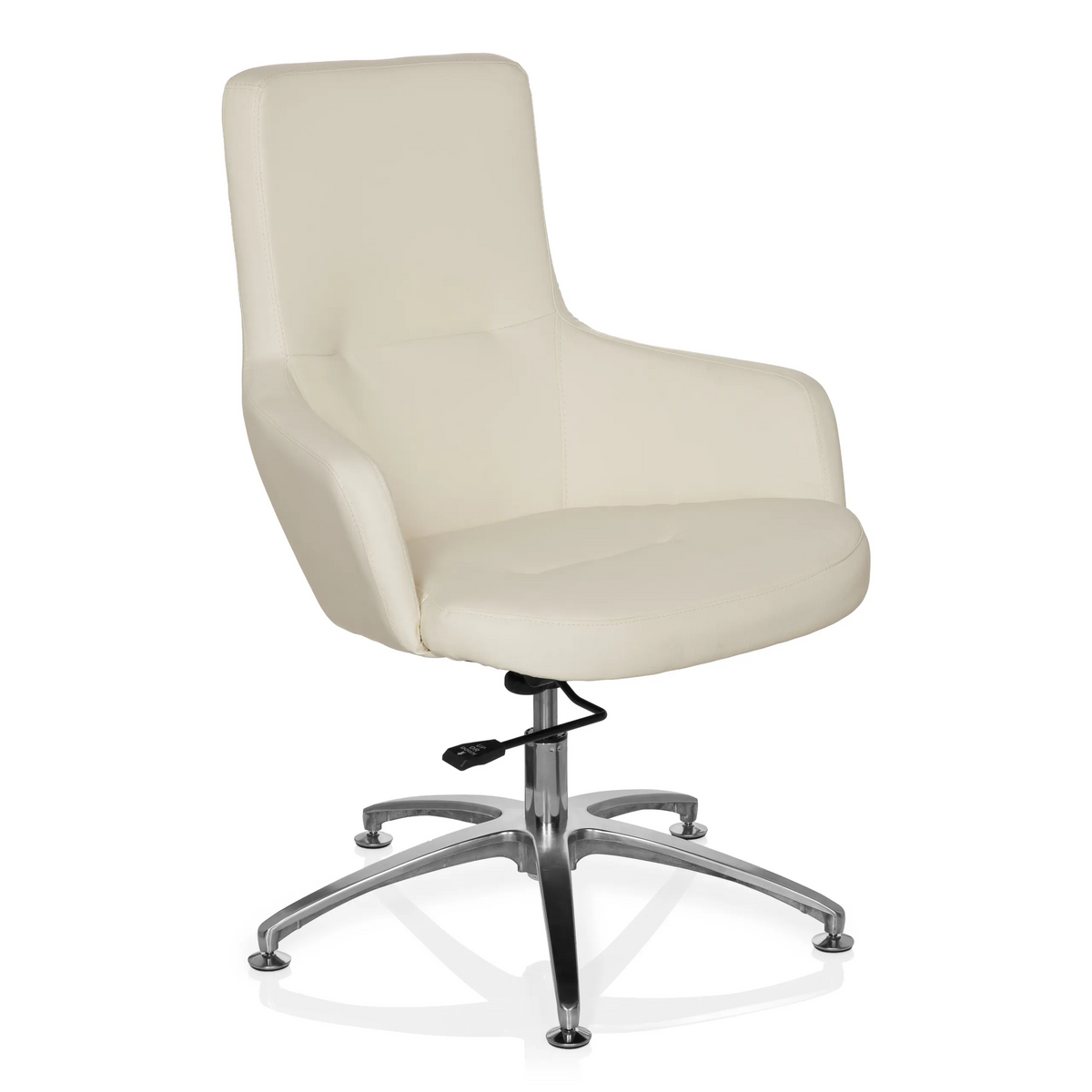 Cremeweißer Loungesessel SHAKE 300 mit glänzendem Fußkreuz und fünf Rollen von hjh OFFICE – 360-Grad-Ansicht (schräge Frontansicht 40°)