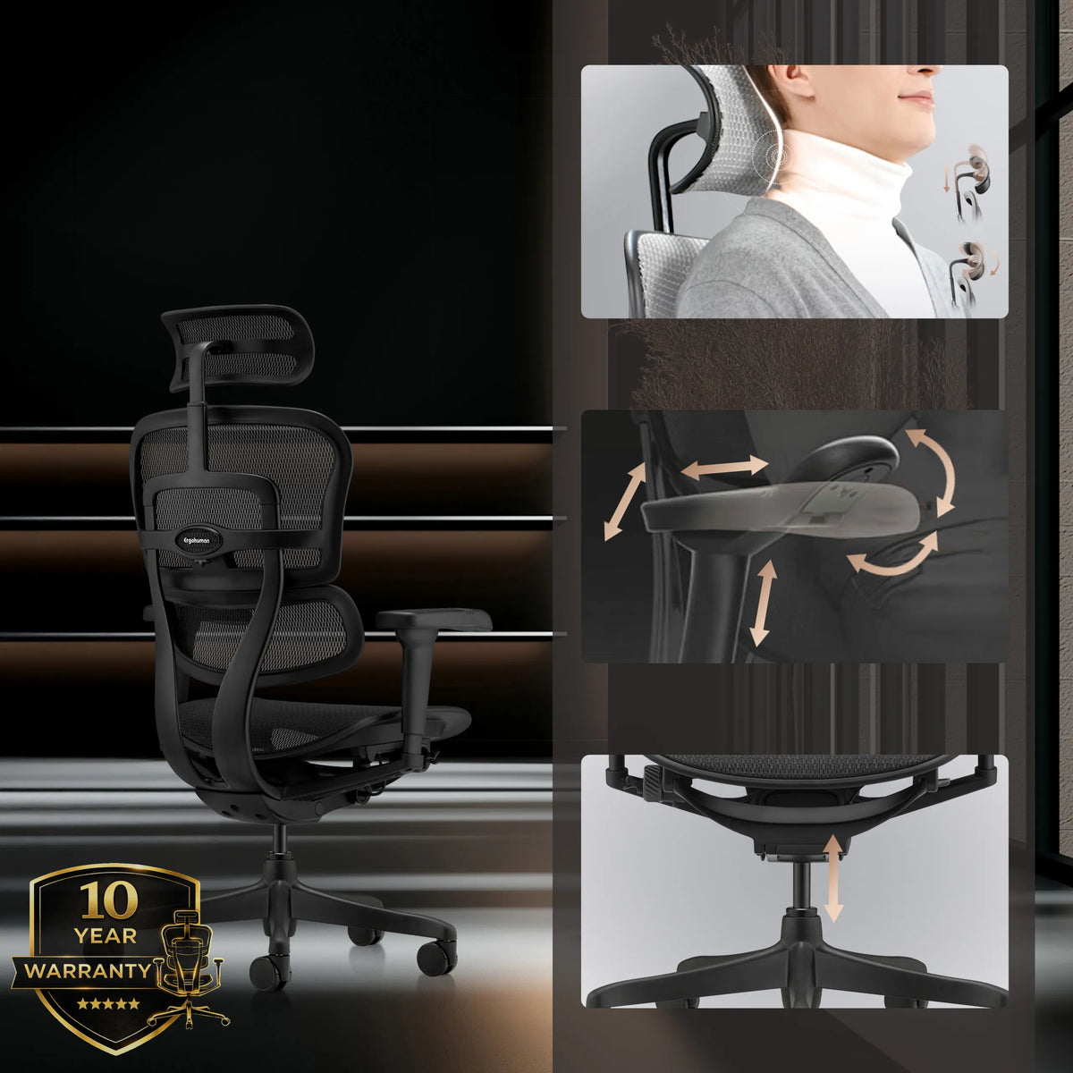 Verstellbare Kopfstütze, Armlehnen und Sitzhöhe des Luxus-Chefsessels ERGOHUMAN SIGNATURE GEN2 in Schwarz von hjh OFFICE