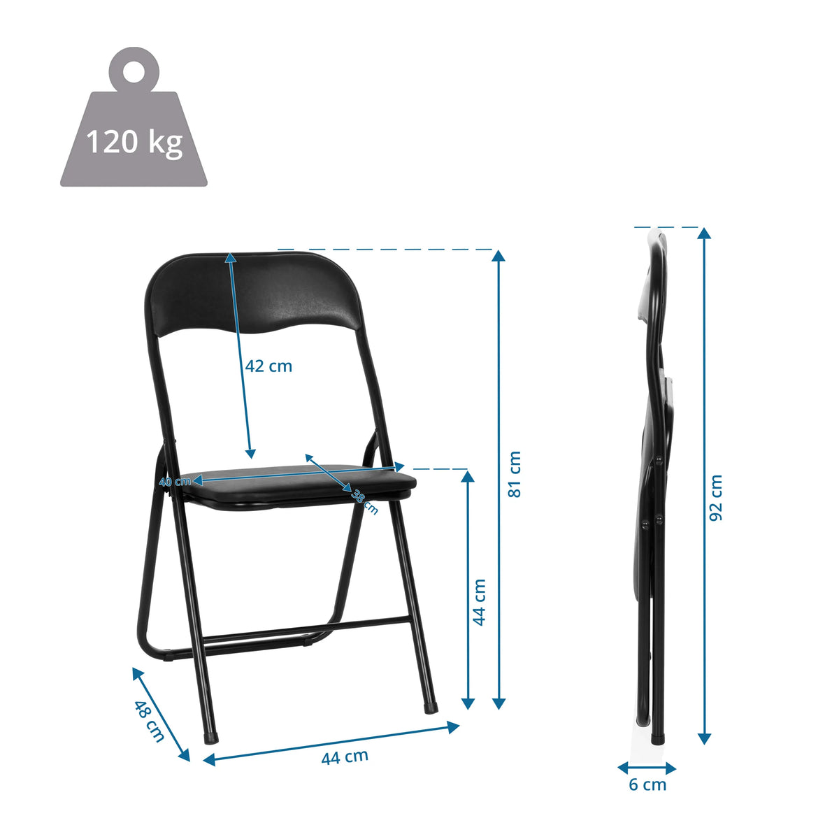 Technische Zeichnung des Klappstuhls TUDELA BASIC mit einer Höhe von 92 cm und Belastbarkeit von 120 kg von hjh OFFICE