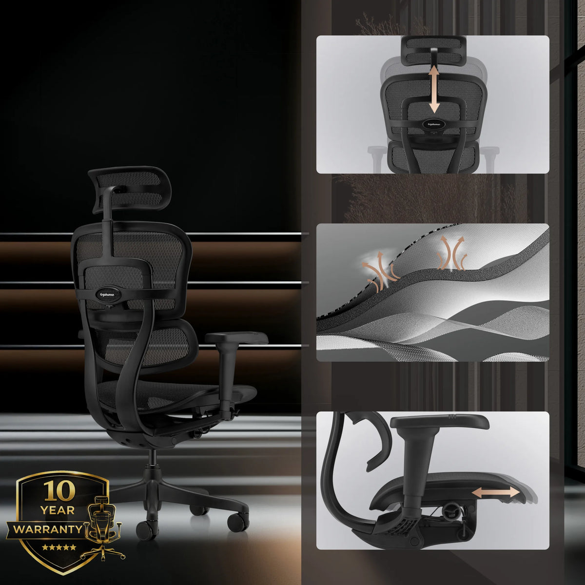 Luxus-Chefsessel ERGOHUMAN SIGNATURE GEN2 in Schwarz mit Netzbezug und verstellbarer Kopfstütze von hjh OFFICE