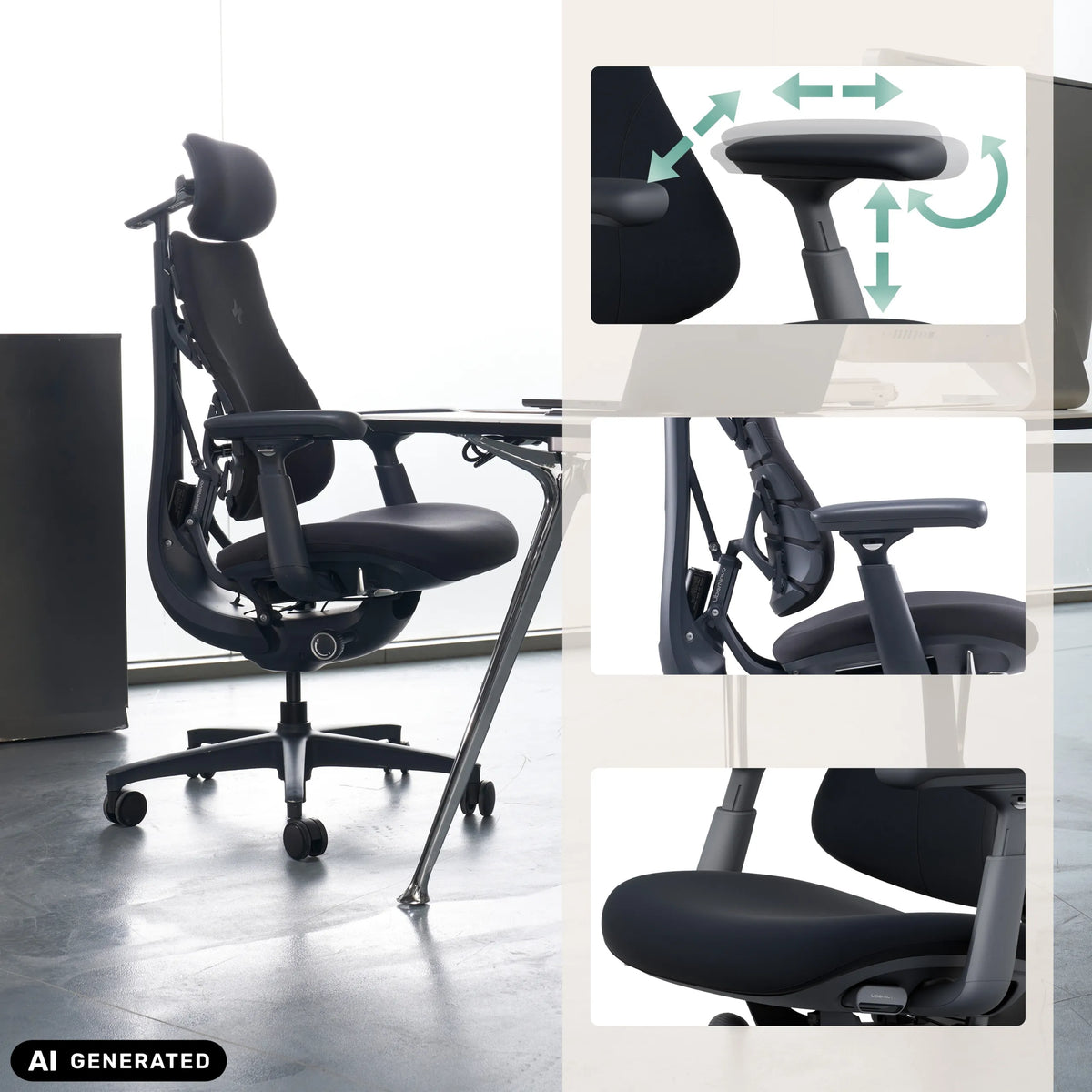 4D-Armlehnen des High-End-Bürostuhls LiberNovo Omni in Schwarz von Libernovo (KI-generiertes Bild)
