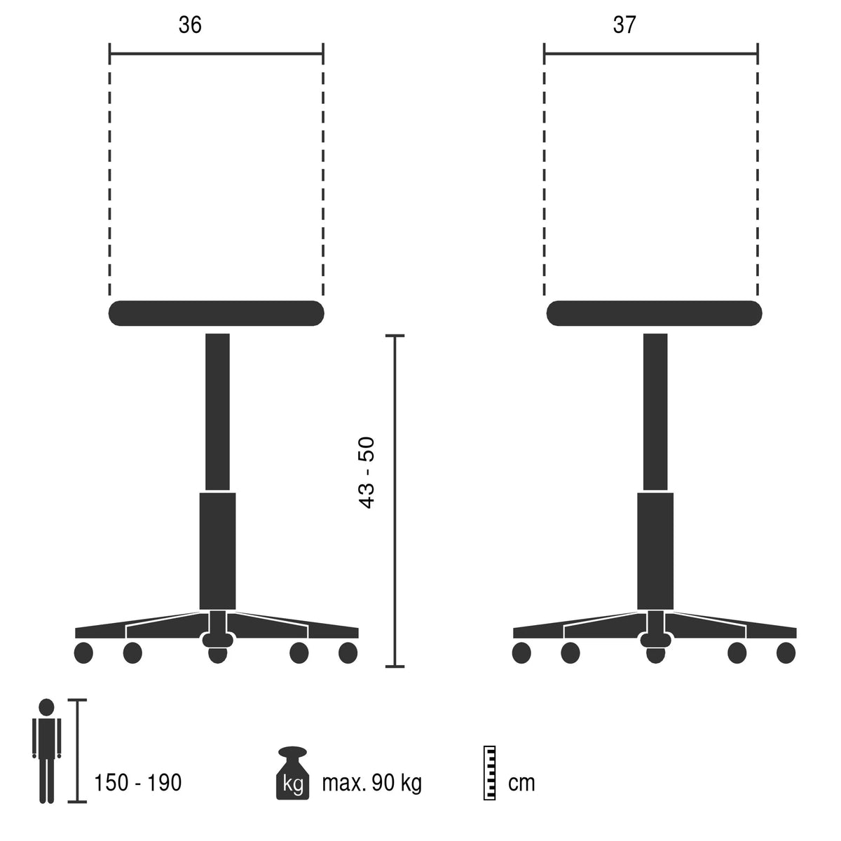 Technische Zeichnung des Sattelhockers Sattix mit einer Sitzhöhe von 43 bis 50 cm von hjh OFFICE