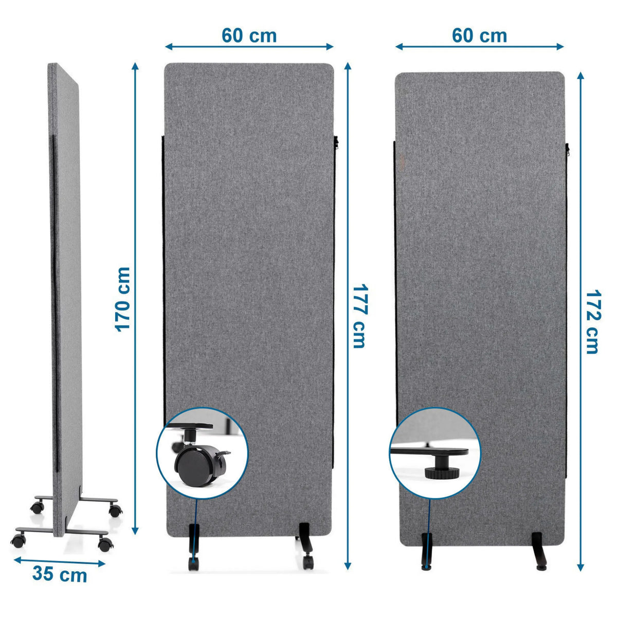 Maßzeichnung der Trennwand FLEXMIUT mit 177 × 60 cm und Rollen von hjh OFFICE