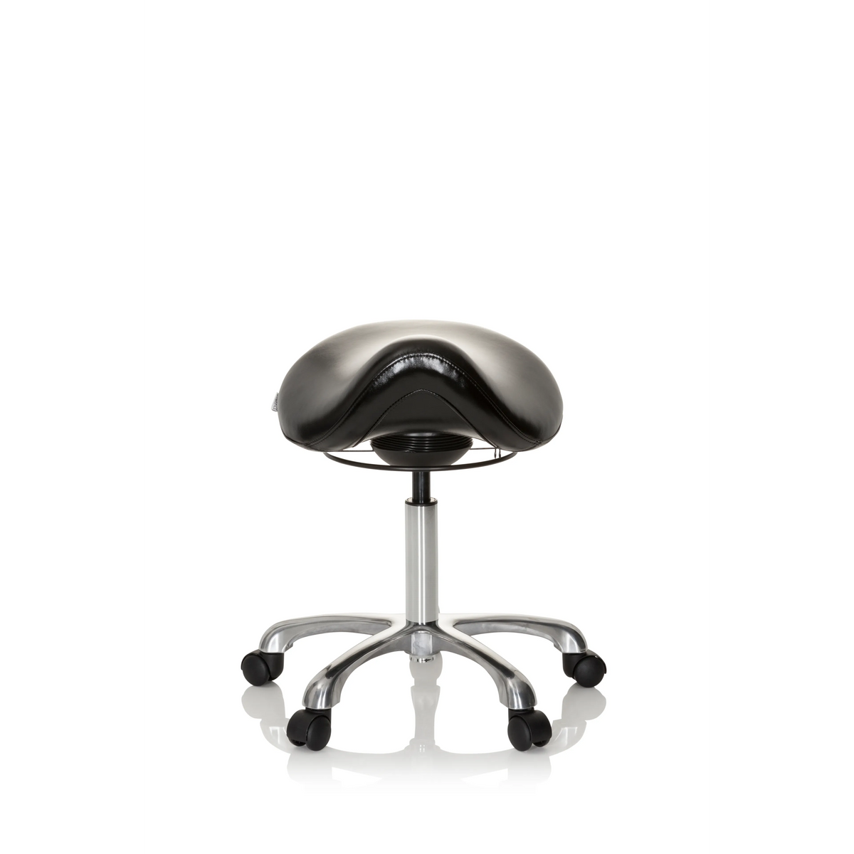 Schwarzer Sattelhocker ORTHO SIT mit Fußkreuz und fünf Rollen von hjh OFFICE – 360-Grad-Ansicht (Frontansicht 0°)