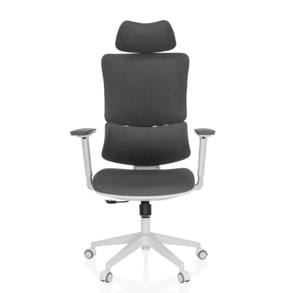 Grauer Homeoffice-Bürostuhl ERGOMY WF mit Stoffbezug, weißem Rahmen und Fußkreuz mit fünf Rollen von MyBuero – 360-Grad-Ansicht (Frontansicht 0°)