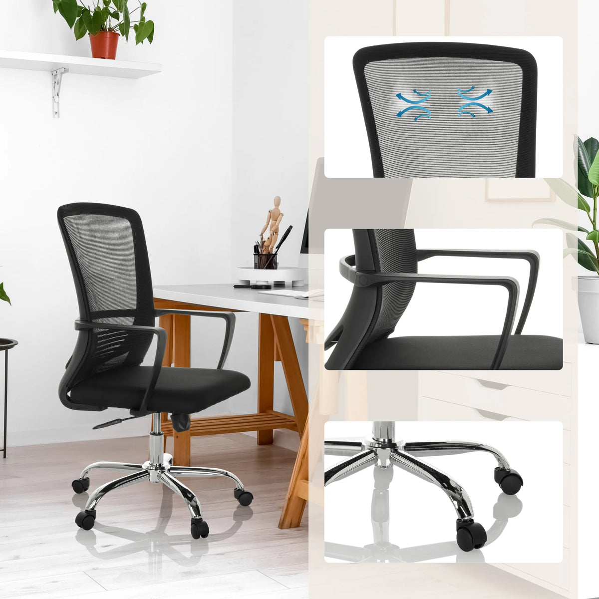 Home-Office-Bürostuhl STAR-TEC S in Schwarz mit Netzrücken, Armlehnen und Fußkreuz von hjh OFFICE
