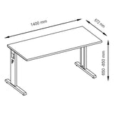 Maßzeichnung des höhenverstellbaren Schreibtisches MEGA 614 S mit den Maßen 1400 x 672 mm von hjh OFFICE PRO