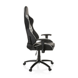 Schwarz-weißer Gamingstuhl LEAGUE PRO mit Kopfstütze und Fußkreuz mit fünf Rollen von hjh OFFICE – 360-Grad-Ansicht (Seitenprofil 80°)
