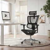 Schwarzer Luxus-Chefsessel ERGOHUMAN SLIM ULTRA GEN2 mit Netzrücken und Kopfstütze im hellen Homeoffice von hjh OFFICE