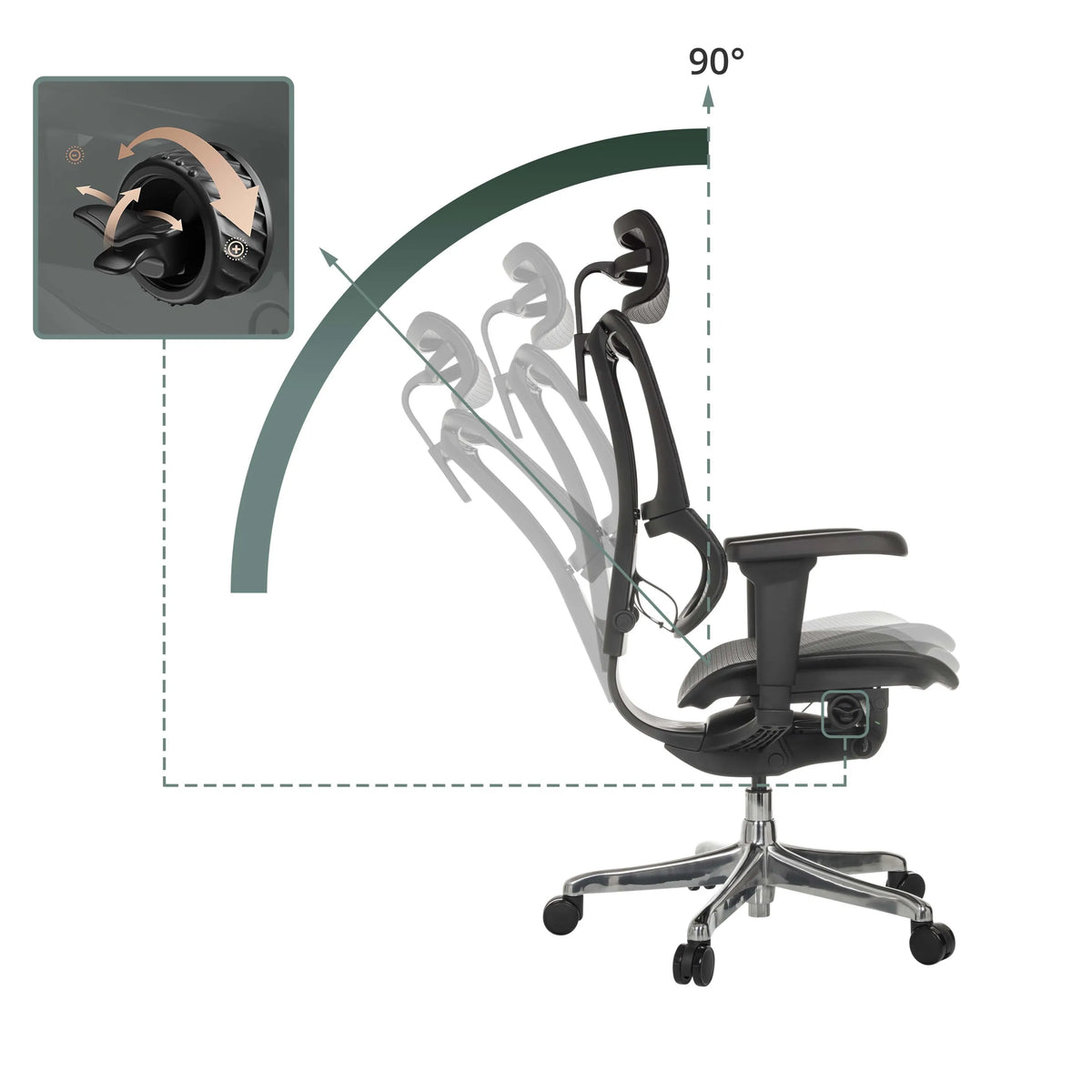 Verstellbare Rückenlehne des Luxus-Chefsessels ERGOHUMAN SLIM ULTRA GEN2 mit einem Neigungswinkel von 90° von hjh OFFICE