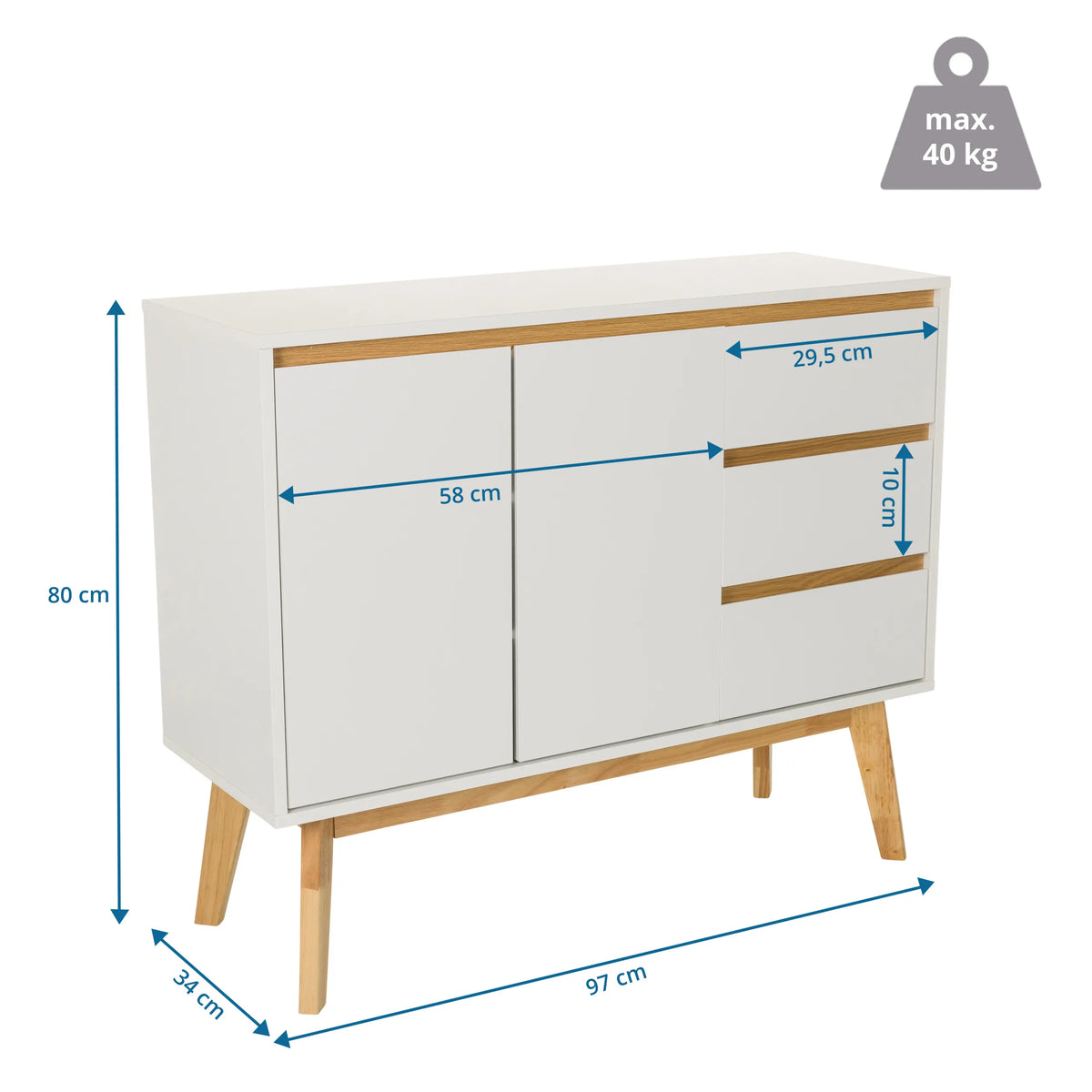 Maßzeichnung des Sideboards TAROLO I mit einer Breite von 97 cm und einer Höhe von 80 cm von hjh LIVING