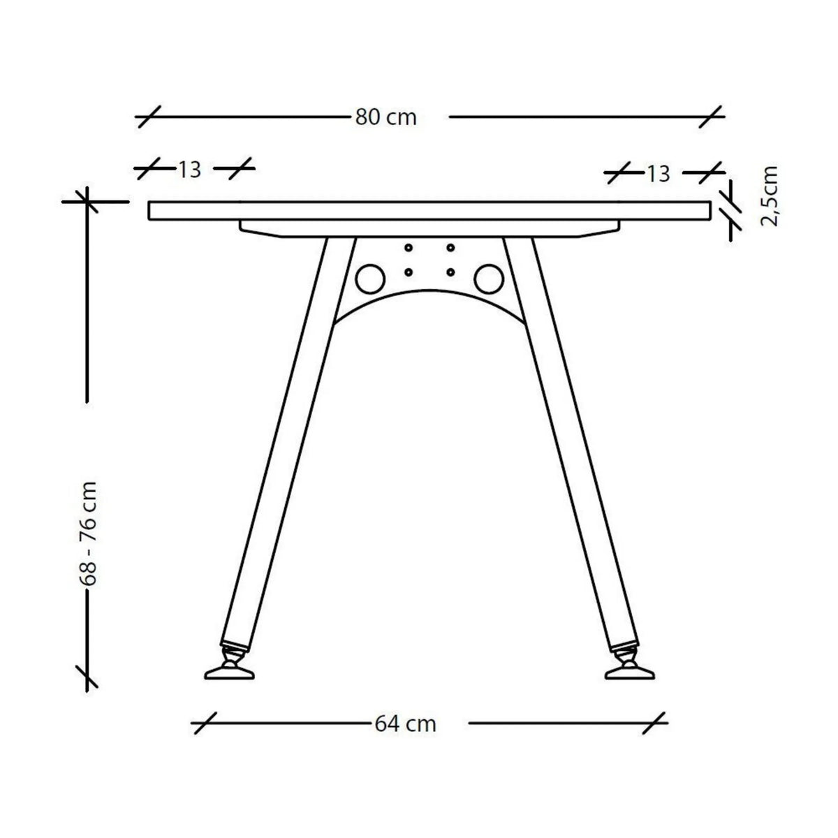 Maßzeichnung des Schreibtischs ATOS 8 S mit einer Breite von 80 cm und Höhe von 68-76 cm von hjh OFFICE PRO