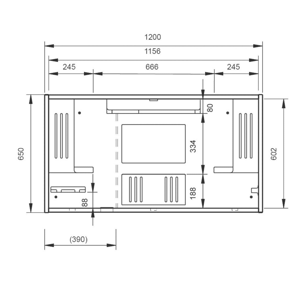 Maßzeichnung des Wandschreibtischs WOVA mit Außenmaßen von 1200 x 650 mm von hjh OFFICE PRO