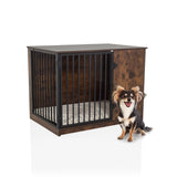Braune Hundebox PAWHOME S mit Gittern und einem kleinen Hund daneben von hjh LIVING