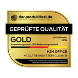 Blauer Mülleimer Clean 9 mit drei Fächern, Griffen und Anti-Fingerprint-Oberfläche von hjh OFFICE (KI-generiertes Bild)