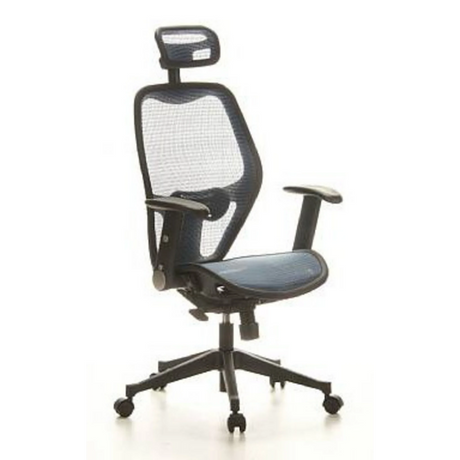 Profi-Bürostuhl AIR-PORT mit blauem Netzbezug, Kopfstütze und Armlehnen von hjh OFFICE