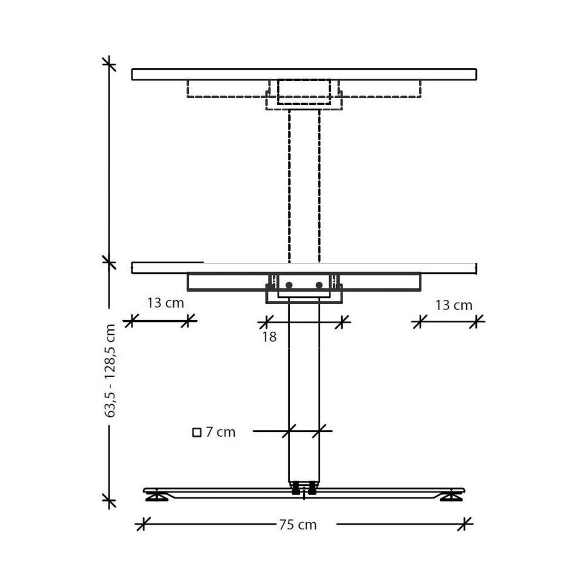 Maßzeichnung des höhenverstellbaren Schreibtischs XDSM 2E S mit einer Höhe von 63,5 bis 128,5 cm von hjh OFFICE PRO