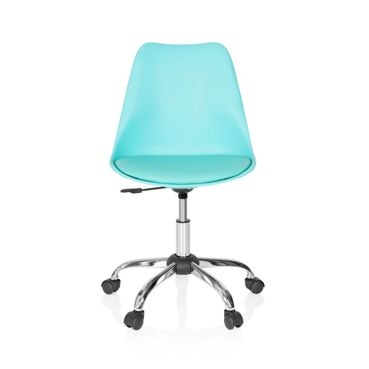 Türkiser Homeoffice-Bürostuhl FANCY PRO mit Schalensitz und Fußkreuz mit fünf Rollen von hjh OFFICE – 360-Grad-Ansicht (Frontansicht 0°)