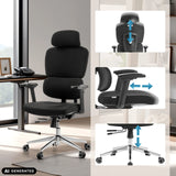 Höhenverstellbare Kopfstütze, Armlehnen und Gasfeder des Profi-Bürostuhls Ergomy F 2 von hjh OFFICE (KI-generiertes Bild)