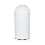 Weißer Mülleimer PUSH 50L mit einer silberfarbenen Druckklappe von hjh OFFICE – 360-Grad-Ansicht (schräge Rückenansicht 240°)