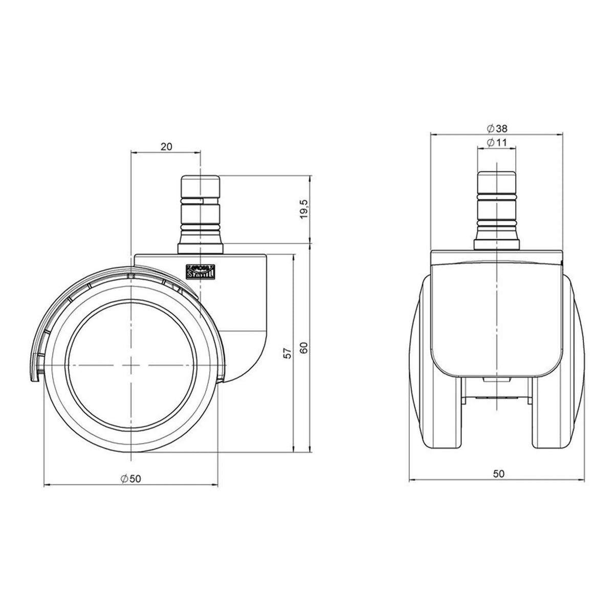 Technische Zeichnung der Stuhlrollen 5x ROLO FREE 11mm/50mm mit einem Rollendurchmesser von 50 mm von hjh OFFICE