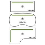 Maßskizzen verschiedener Sichtblenden des Zubehörs SI S in den Größen 180 × 80, 200 × 100 und 200 × 120 von hjh OFFICE PRO