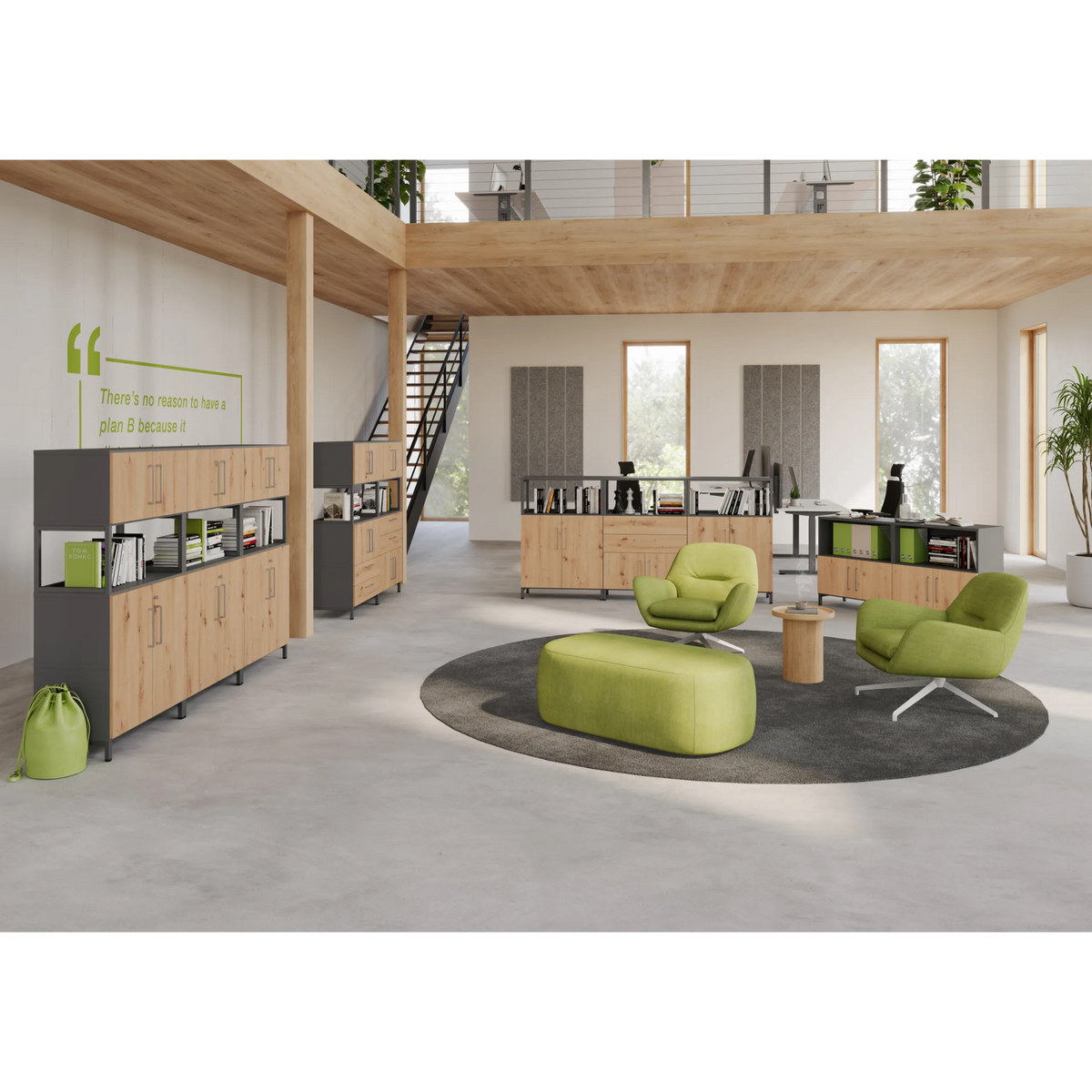 Regalsystem FlexWall mit Türenpaar in Asteiche und anthrazitfarbenem Korpus von hjh OFFICE PRO
