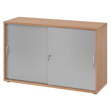 Schiebetürenschrank BETA S 1752S in Nussbaum-Optik mit silbernen Fronten und Bogengriffen von hjh OFFICE PRO