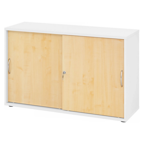 Schiebetürenschrank BETA S 1752S in Weiß und Ahorn mit Metall-Bogengriffen von hjh OFFICE PRO
