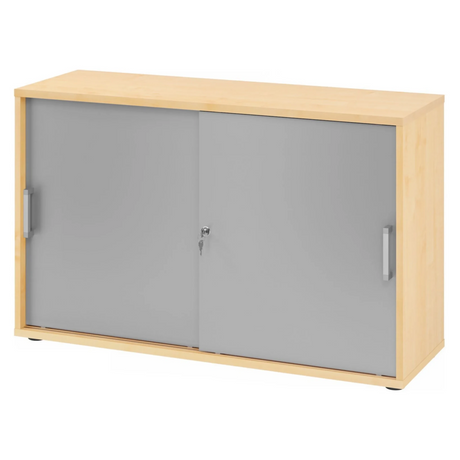 Schiebetürenschrank BETA S 1752S in Ahorn-Optik mit silbernen Metalltüren und Chromgriffen von hjh OFFICE PRO