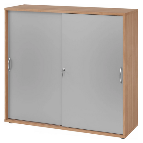 Schiebetürenschrank BETA S 1753S in Nussbaum-Optik mit silbernen Fronten und Bogengriffen von hjh OFFICE PRO