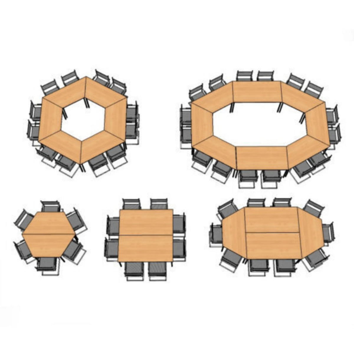 Verschiedene Konfigurationen von Konferenztischen der Serie DORAN DQTR D mit Stühlen von hjh OFFICE PRO