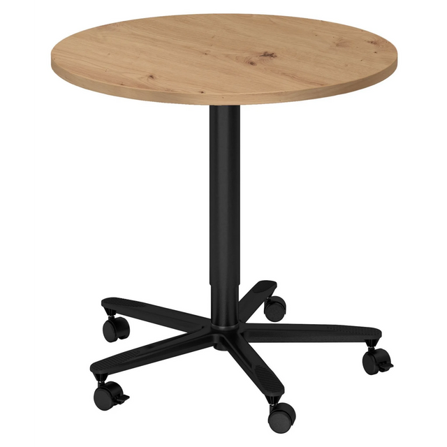 Runder System Konferenztisch BISTRO 80R D mit Tischplatte in Asteiche und schwarzem Fuß auf Rollen von hjh OFFICE PRO