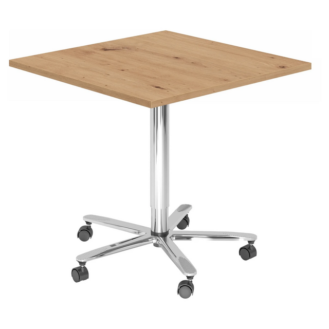 System Konferenztisch BISTRO 88Q C mit quadratischer Asteichen-Platte und verchromtem Sternfuß auf Rollen von hjh OFFICE PRO