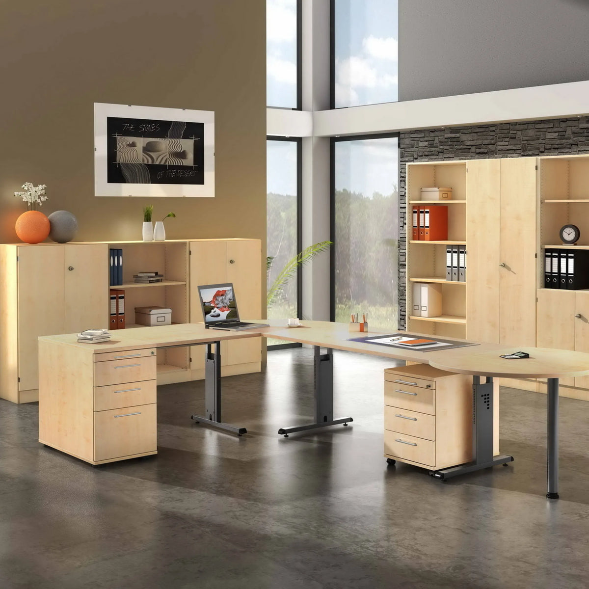 Höhenverstellbarer Schreibtisch MEGA 8 G in Ahorn und Graphit mit Rollcontainer und Sideboard von hjh OFFICE PRO