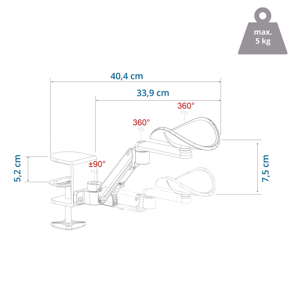 Technische Zeichnung der Armstütze RELEX RT1 mit 40,4 cm Länge und 5 kg Traglast von hjh OFFICE