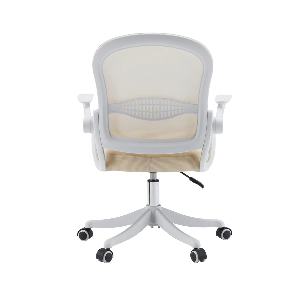 Rückseite des Homeoffice-Bürostuhls Naluro in Beige mit Netzrückenlehne und weißem Fußkreuz von hjh OFFICE