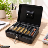Schwarze Geldkassette SAFE mit Münzfächern, Schloss und zwei Schlüsseln von hjh OFFICE (KI-generiertes Bild)