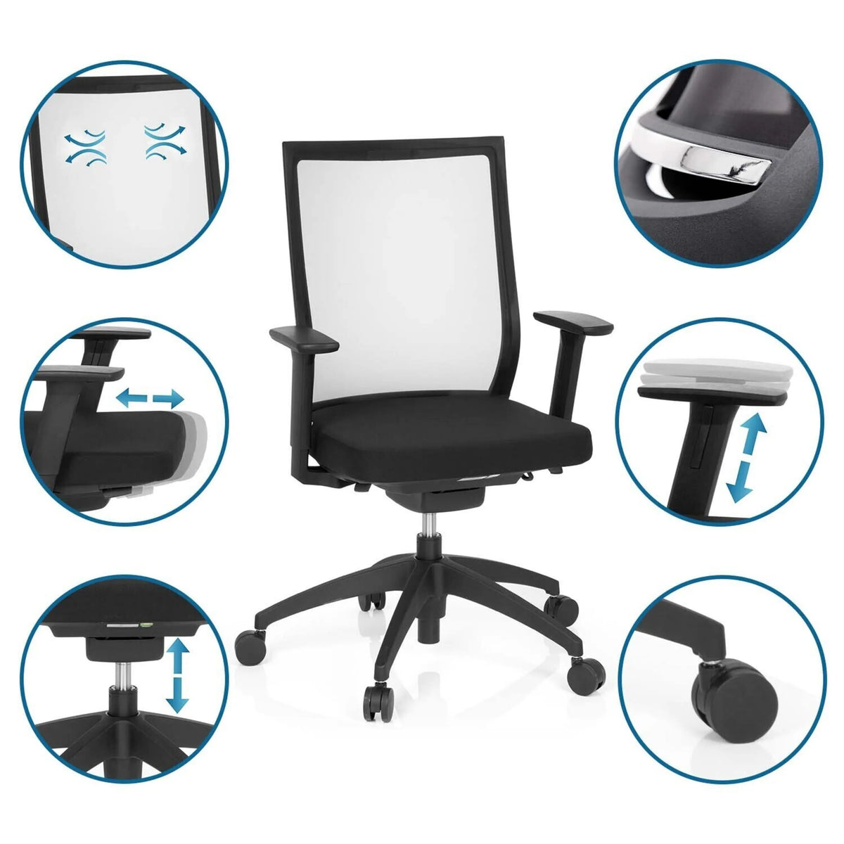Schwarzer Profi-Bürostuhl ASPEN mit verstellbaren Armlehnen und Sitzhöhe von hjh OFFICE