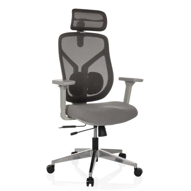 High-End-Bürostuhl CASSILIS W in Grau mit Netzrückenlehne und Kopfstütze von hjh OFFICE