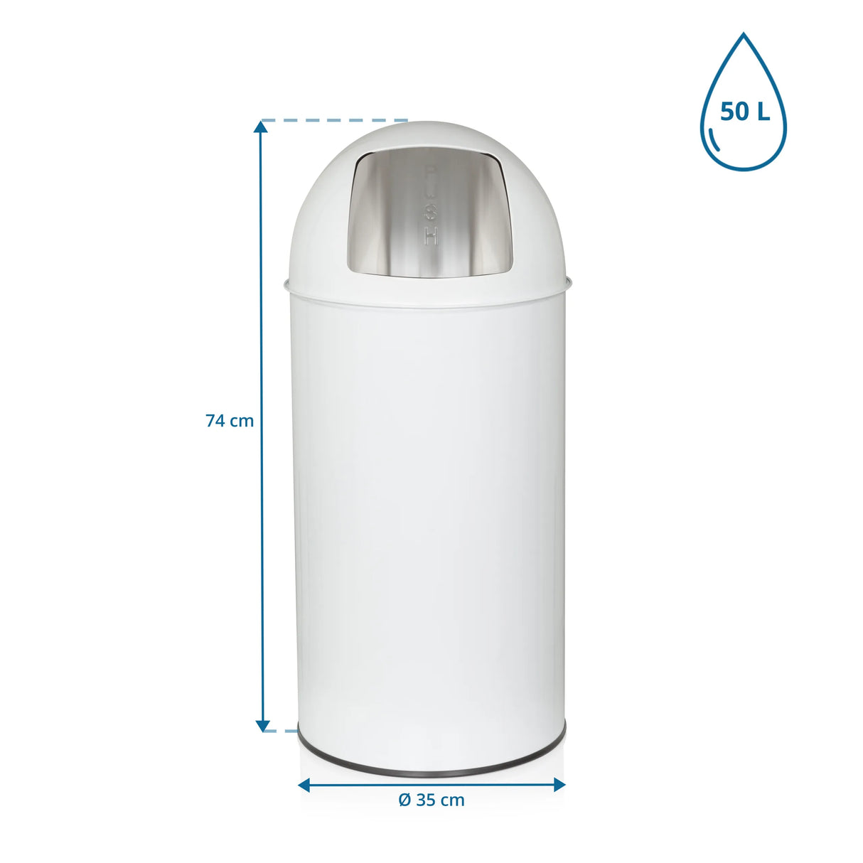 Maßzeichnung des Mülleimers PUSH 50L mit 74 cm Höhe, 35 cm Durchmesser und 50 l Volumen von hjh OFFICE